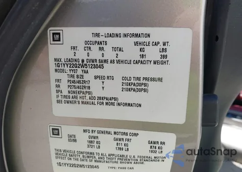 1998 Chevrolet Corvette z USA, uszkodzony, nr VIN 1G1YY22G2W5123045